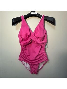 Pembrook Vibrant Pink One Piece Swimsuit with Plunging V-Neckline. Size 8